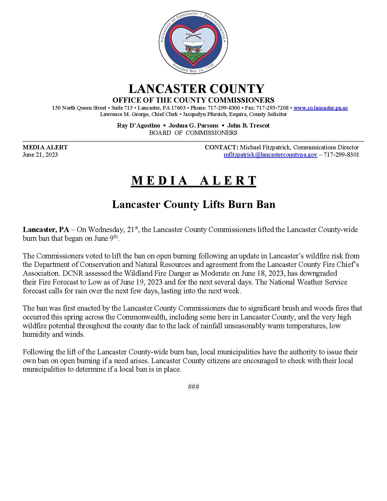 Media Alert - Burn Ban Lifted