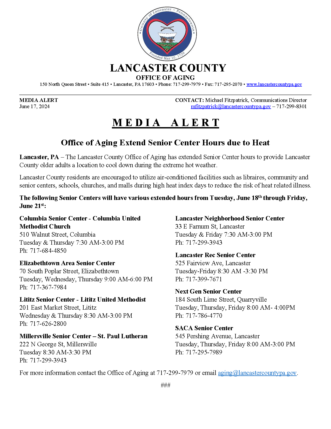 Media Alert - Extended Senior Center Hours - June 2024