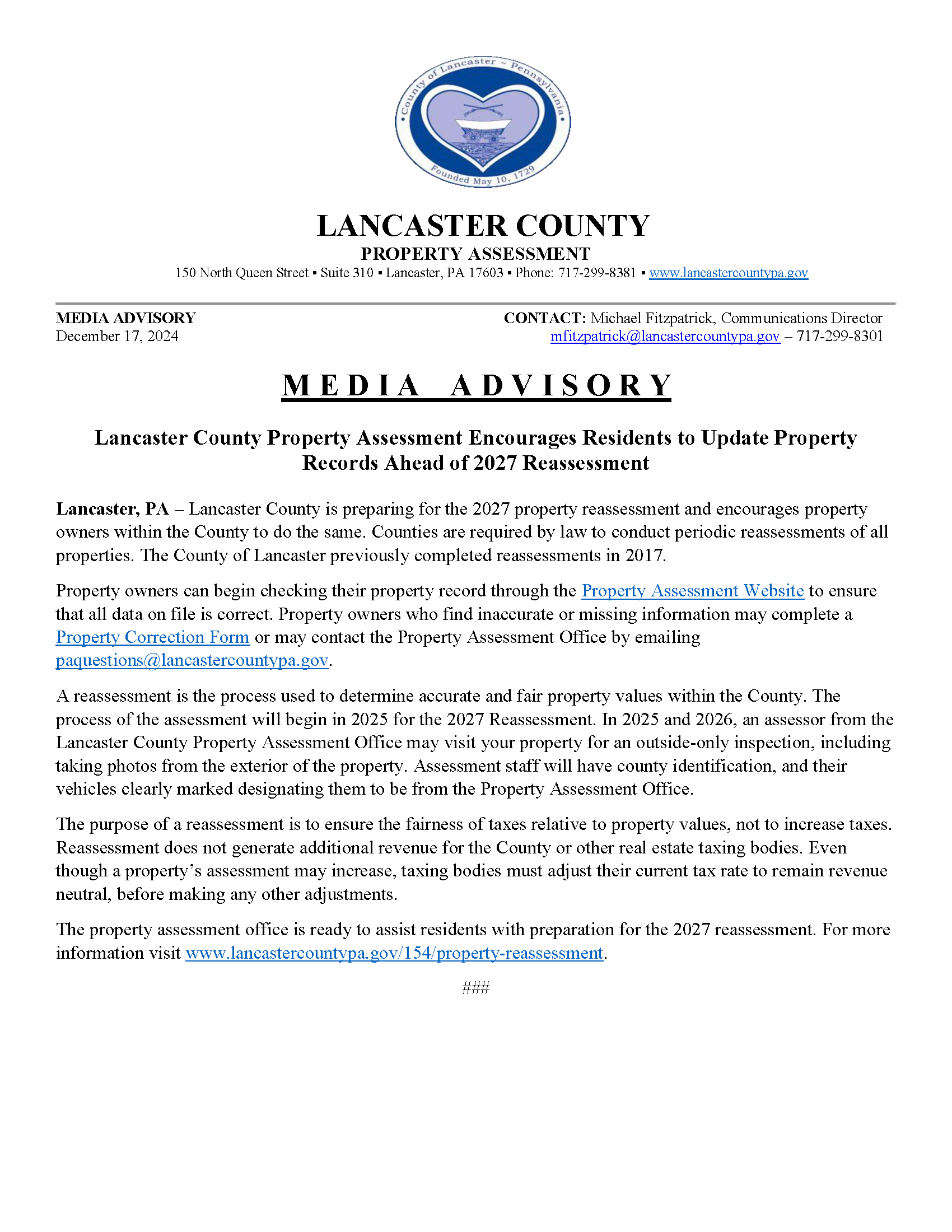 Media Advisory - Prepare for 2027 Reassessment