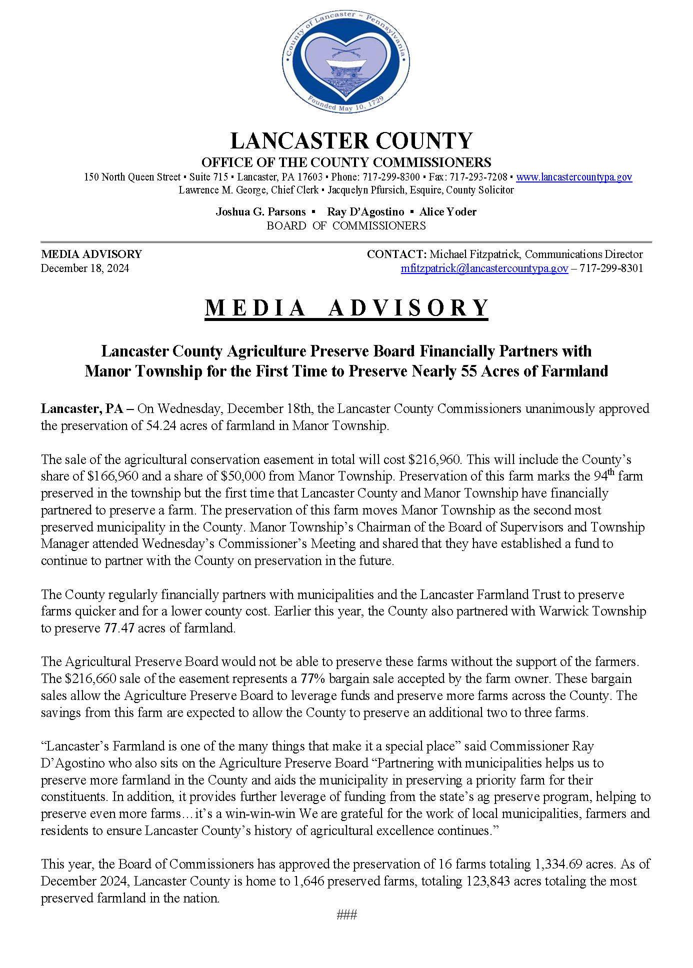 Media Advisory - Manor Township Preservation