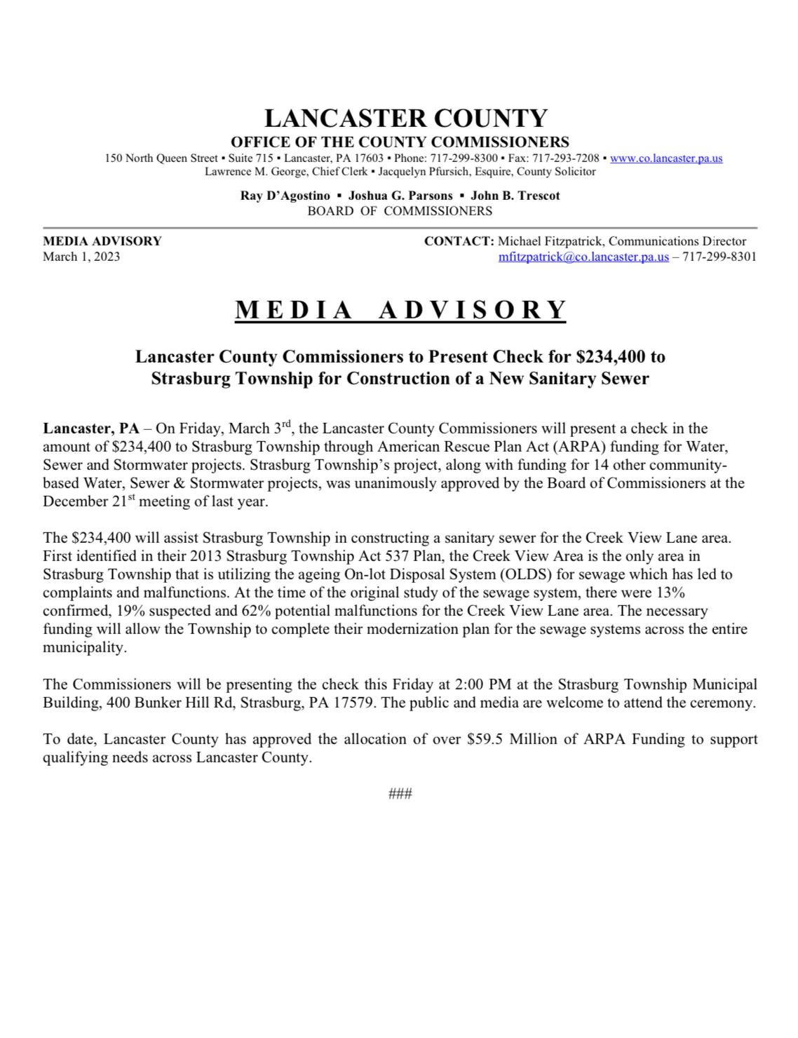 Media Advisory - Check Presentation Strasburg Twp
