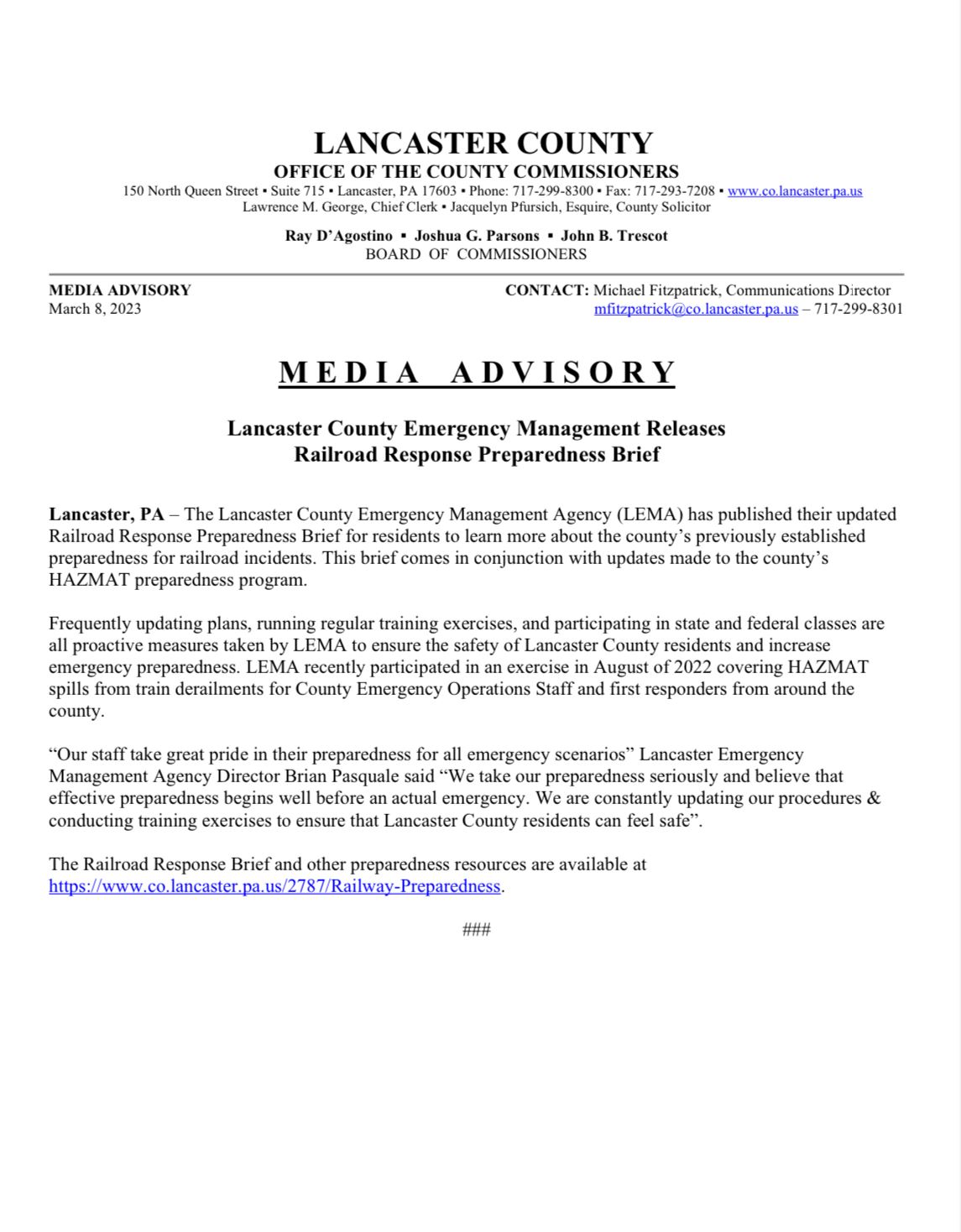 Media Advisory - Railroad Response Preparedness Brief