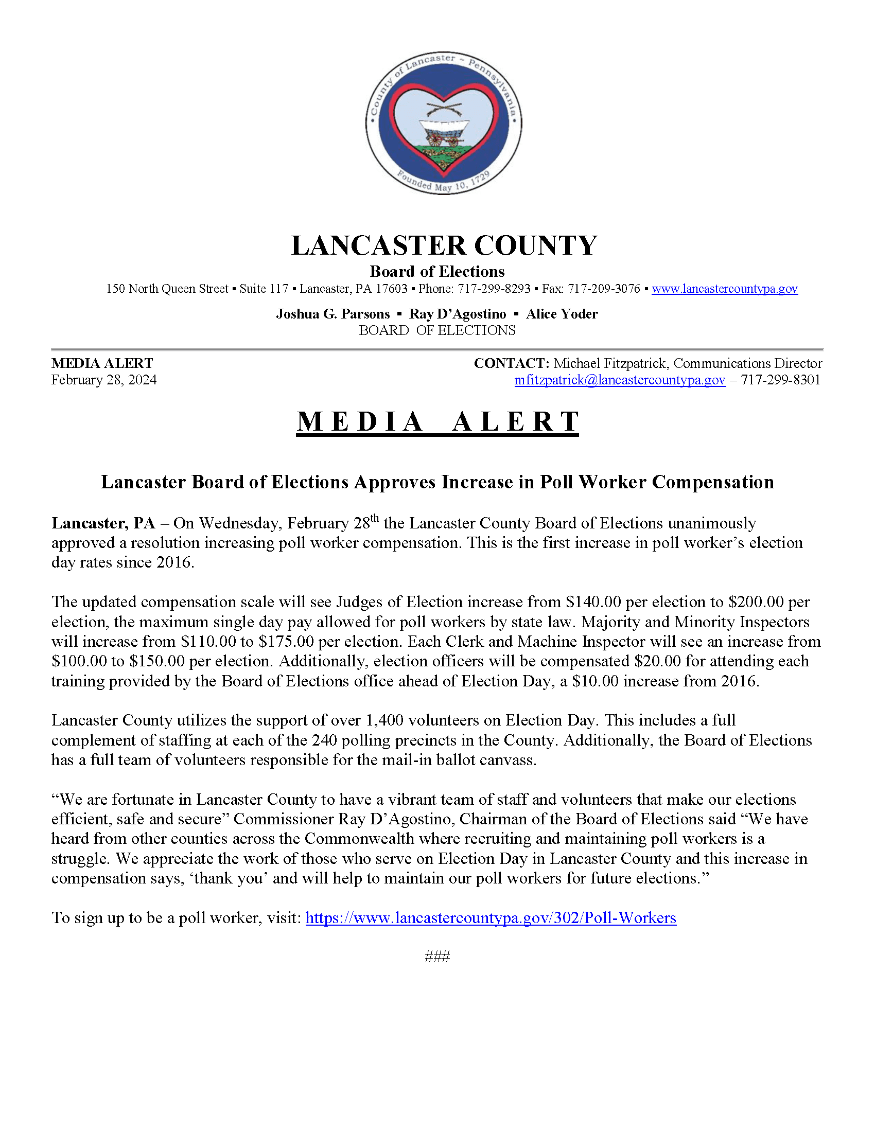Media Advisory - Poll Worker Compensation Increase