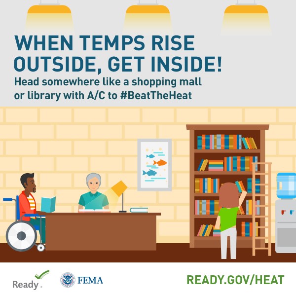Heat Preparedness When Temps Rise Outside, Get Inside. Library scene with people reading indoors.